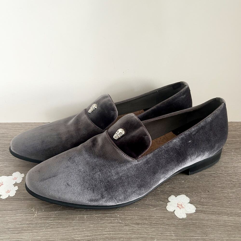 Robert Graham Silver Gray Velvet Skull Slip On Dress Loafers Mens Sz 13 EUC